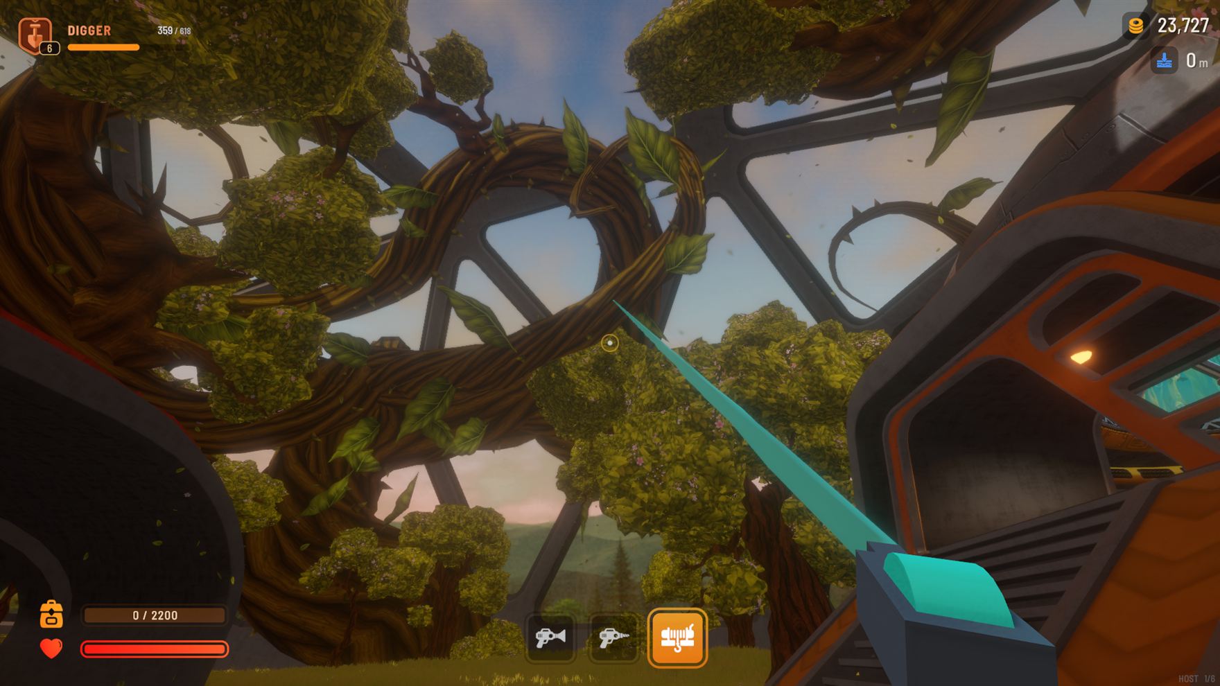 Looking up through the overgrown frames with a tool in hand